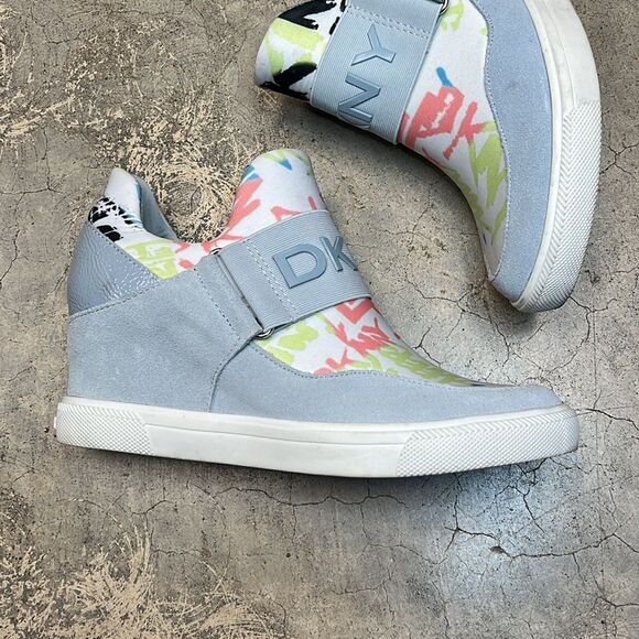 DKNY light blue wedge sneakers with center green pink, and white graphics - Picture 3 of 11